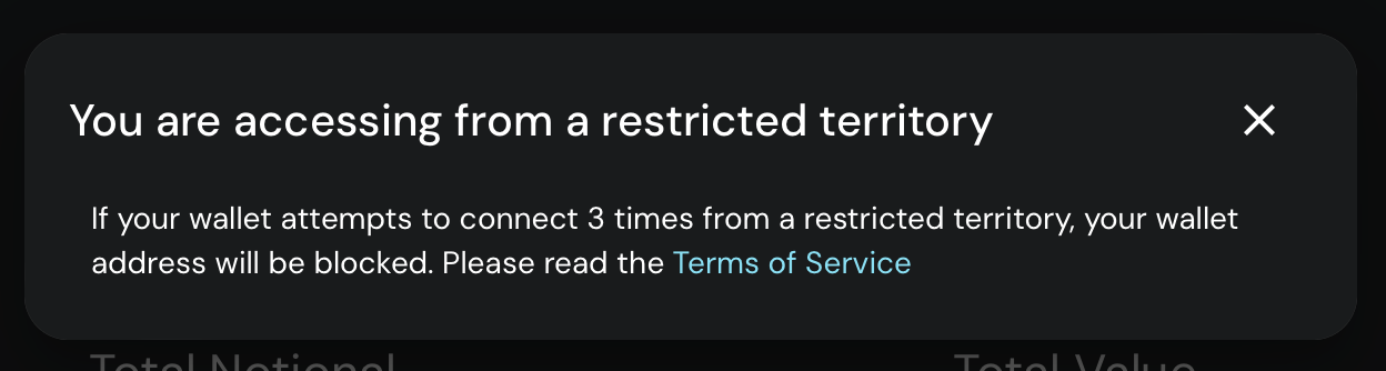 A screen shot of a warning, reading: You are accessing from a restricted territory. If your wallet attempts to connect 3 times from a restricted territory, your wallet address will be blocked. Please read the Terms of Service.